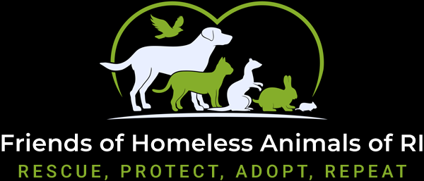 Friends of Homeless Animals of RI logo illustration of a heart over a dog, cat and rabbit with the text under 